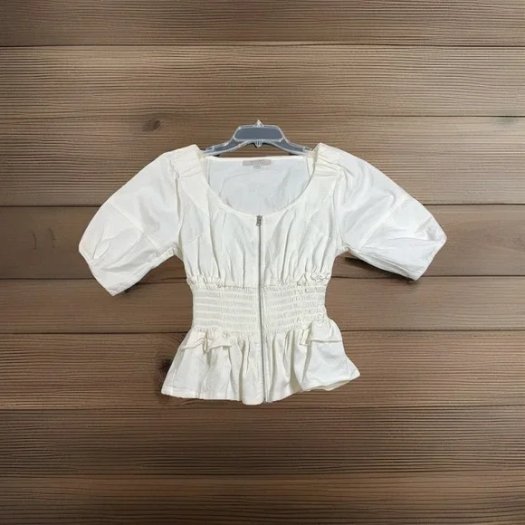 Allsaints Elektra Zip Front Top Women's Size 6 Puff Sleeve Smocked Waist White - Picture 1 of 8